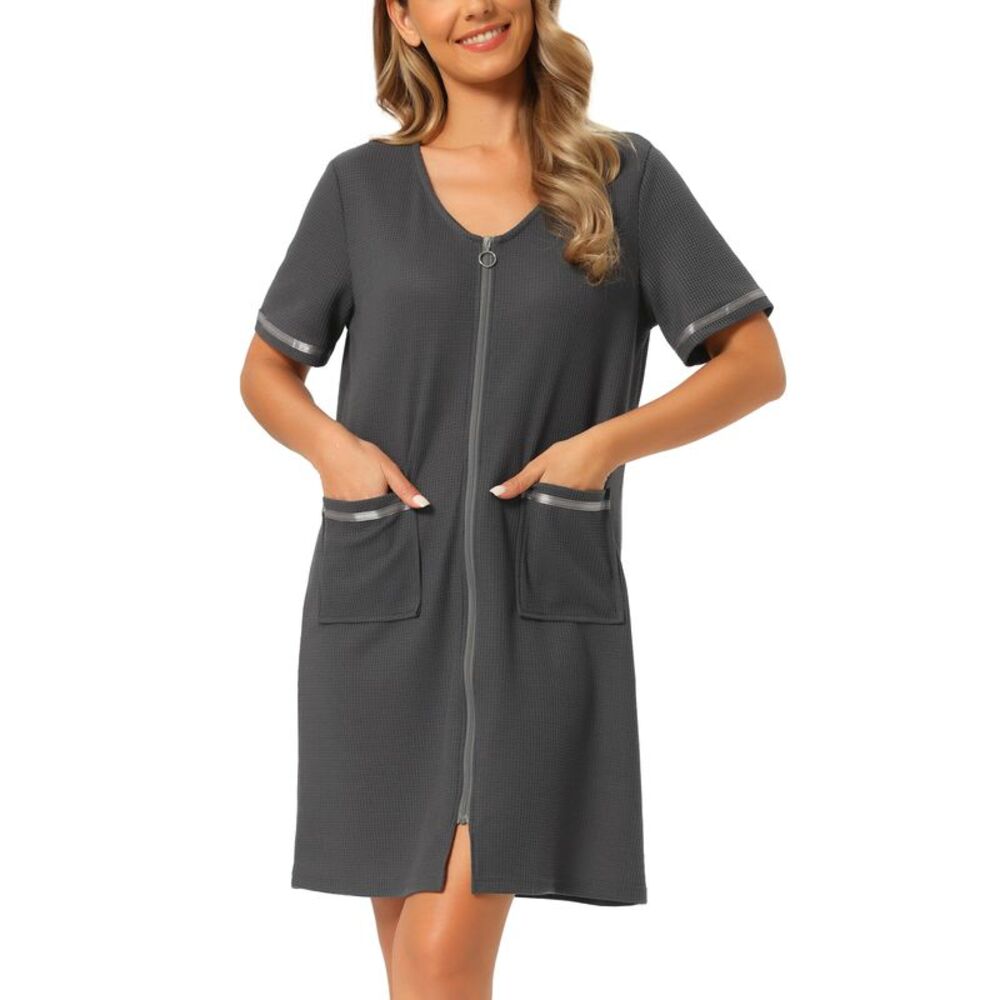 Women Zipper Robes Zip Up Hosecoat with Pockets Grey